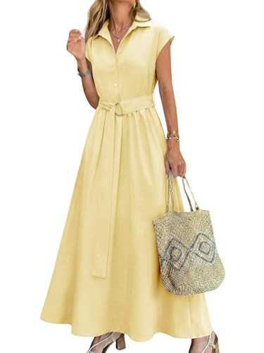 Wenrine Womens Summer Shirt Dress Button Collared Casual Short Sleeve Tie Waist A Line Flowy Long Maxi Dresses Light Yellow | Amazon (US)