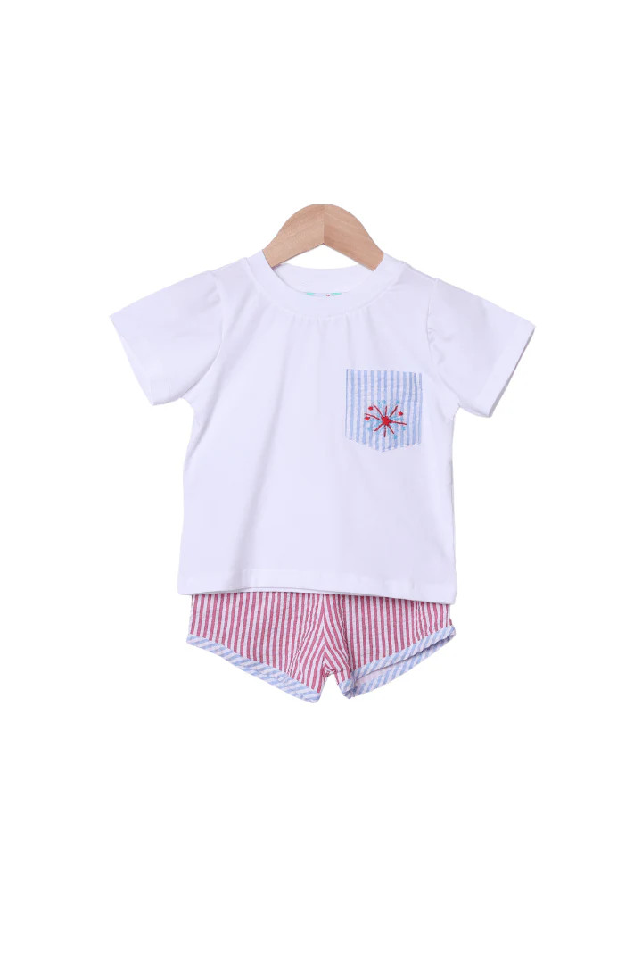 Embroidered Firework Seersucker Short Set | The Smocked Flamingo