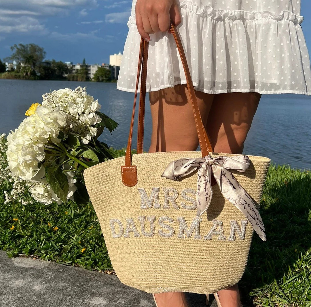 Custom MRS Beach Bag, Bachelorette Gifts, Bridal Beach Bag, Bride to Be Straw Bag, Beach Bag, Per... | Etsy (US)