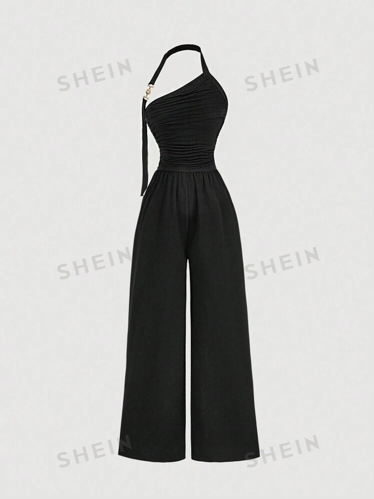 SHEIN MOD Black Plunging Neckline Ruched Jumpsuit For Women,Back To School Clothes,Fall Women Clo... | SHEIN