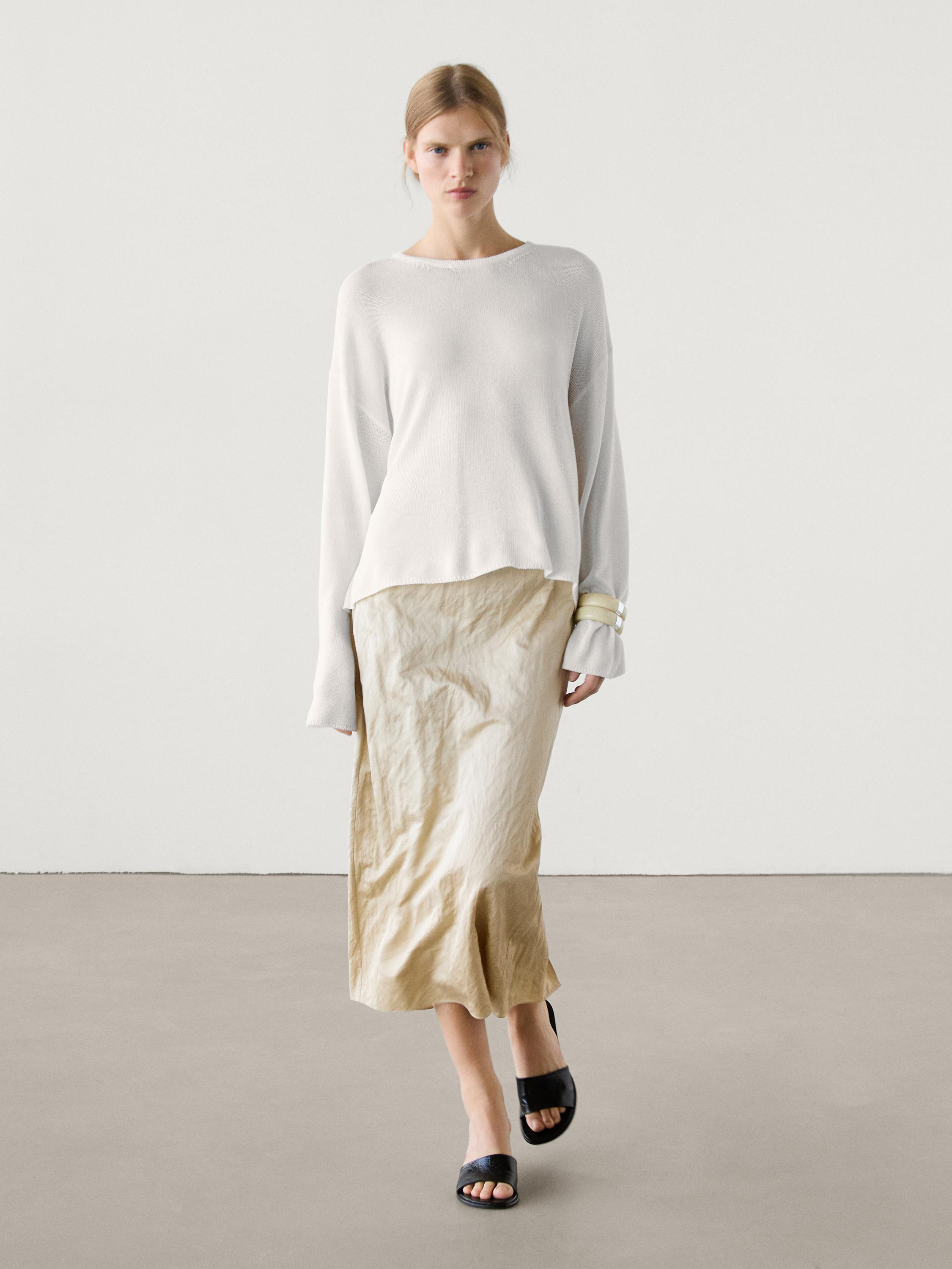 Cotton satin blend midi skirt | Massimo Dutti US