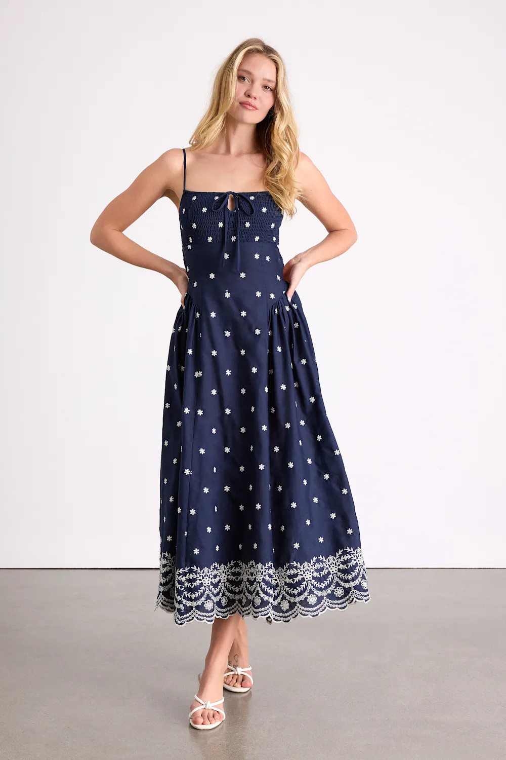 Kosi Navy Embroidered Backless Midi Dress | Lulus