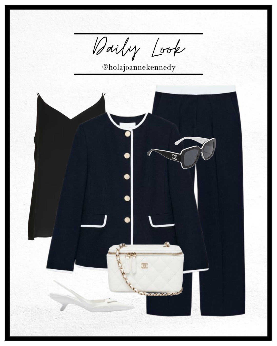 Zara navy suit set, contrast waistband trousers Zara, contrast trim blazer Zara, black chiffon cami outfit, white Prada slingbacks, Chanel vanity bag white, tailored co ord outfit, smart chic style, monochrome outfit ideas 

Refs for you: trousers 8316/595, blazer 8657/599 

#LTKstyletip #LTKsummer #LTKspring