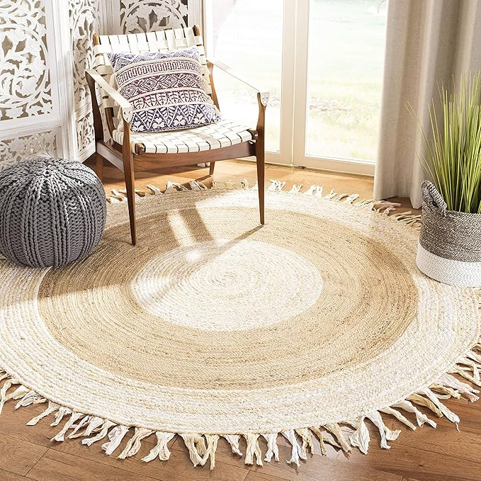 Safavieh Cape Cod Collection CAP701B Handmade Boho Fringe Jute & Cotton Area Rug, 5' x 5' Round, ... | Amazon (US)
