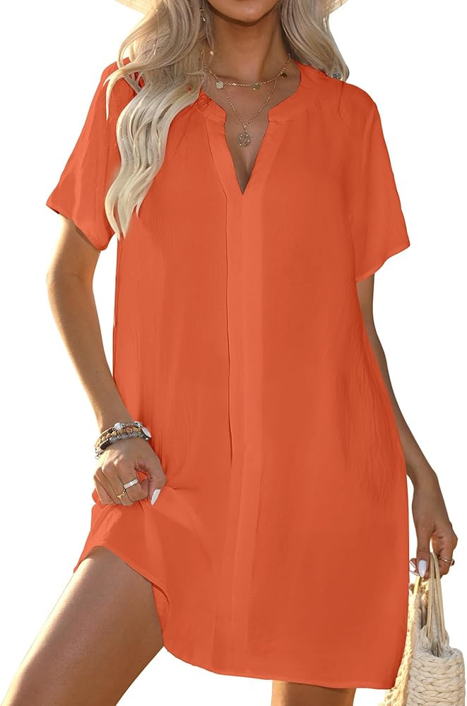 Halife Women's Swimsuit Cover Up Shirt V Neck Short Sleeve Bathing Suit Coverups Summer Beach Cov... | Amazon (US)