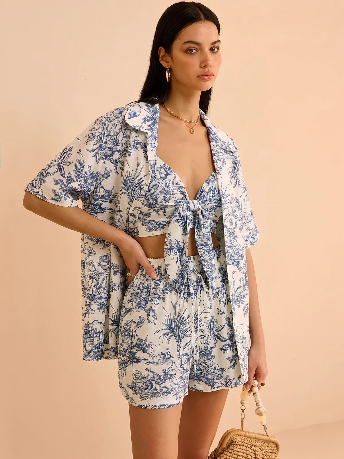 Toile Print Casual Three Piece Shorts Set | Commense