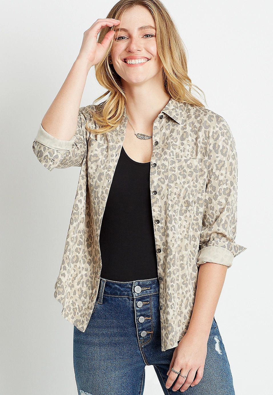 Leopard Button Down Utility Shirt | Maurices