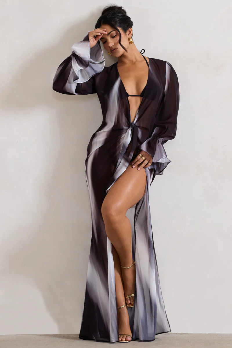 Bohemian  Black Print Longline Chiffon Cover-Up | Club L London