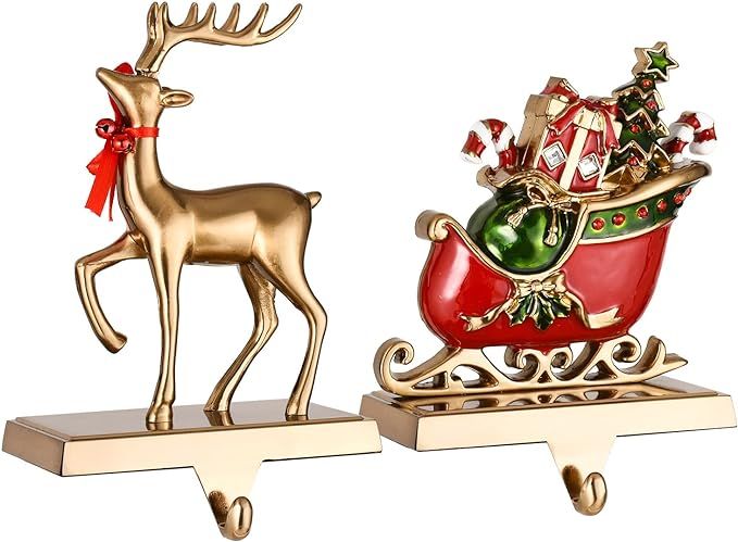 Set of 2 Reindeer and Sleigh Christmas Stocking Holder for Fireplace Metal Christmas Stocking Han... | Amazon (US)