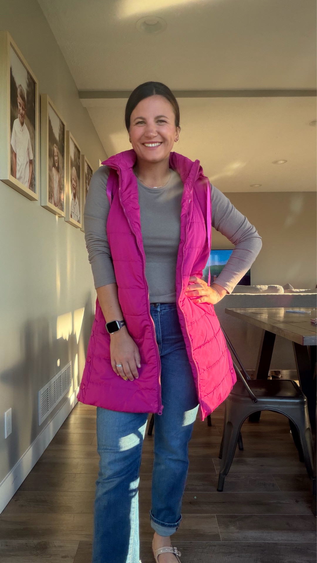 Easy fall outfit for the cooler weather! I love pairing brighter summer/winter colors with neutrals and a vest is the perfect layering piece. 