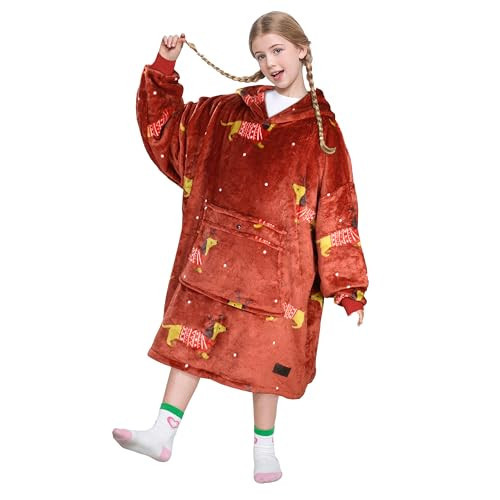 Catalonia Xmas Dachshund Print Blanket Hoodie for Kids, Oversized Fleece Blanket Sweatshirt, Warm Cozy Wearable Hooded Pullover for Boys & Girls, Christmas Gifts for Teens | Amazon (US)