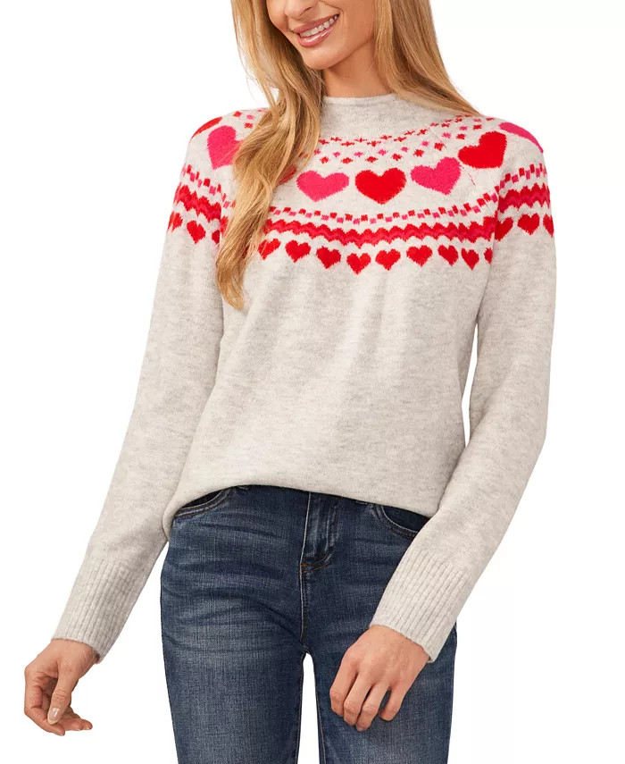 CeCe Women's Heart Fair Isle Funnel Neck Sweater - Macy's | Macy's