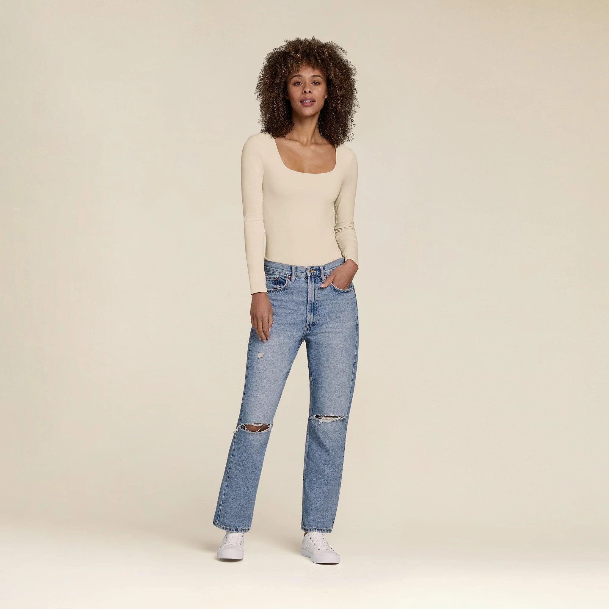 Women's Square Neck Bodysuit - Bone - nuuds | nuuds