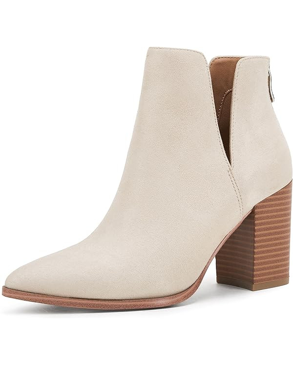 SERAIH Womens Pointed Toe Ankle Booties Stacked Mid Block Heel Cutout Back Zipper Shoes Faux Leat... | Amazon (US)