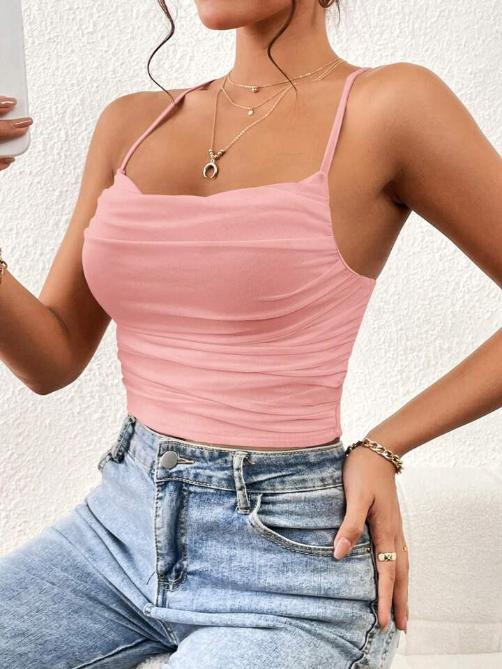 SHEIN Essnce Solid Ruched Mesh Cami Top | SHEIN