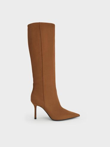 Cognac Faux Suede Pointed-Toe Stiletto-Heel Knee-High Boots | CHARLES & KEITH UK | Charles & Keith UK