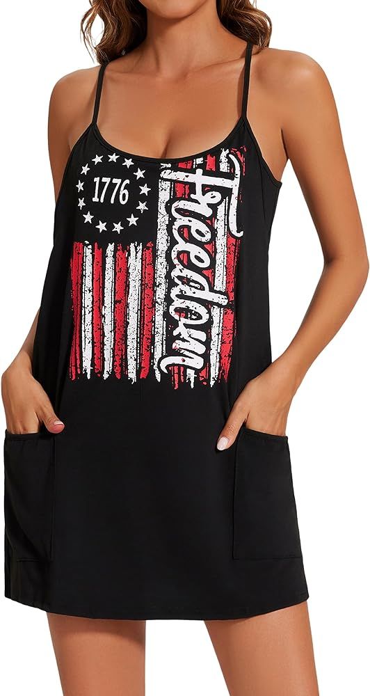 American Flag Mini Dress with Built-in Shorts Women 4th of July Patriotic Dresse | Amazon (US)