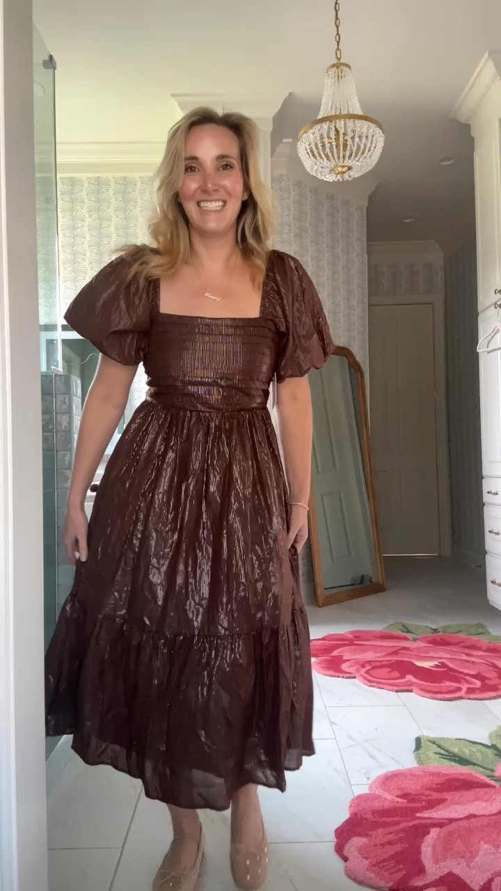 The most gorgeous fall dress for $50! The shimmer is so distinct and fun! The shape is flattering and it has pockets! Dresses for fall. Wedding guest dress. 

#LTKFindsUnder100 #LTKWedding #LTKMidsize