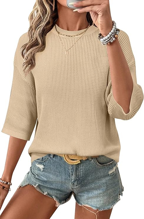 Arach&Cloz Womens 100% Cotton 3/4 Length Sleeve Sweater Crochet Tops Shirts Casual Blouses Resort... | Amazon (US)