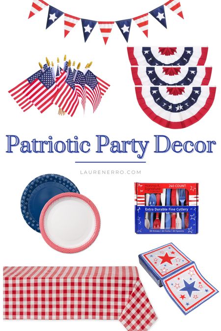 Patriotic party decor for your 4th of July or Memorial Day celebration!
.
.
.
Party decorations, paper plates, American flags, napkins, table cloths, banners, plastic cutlery 

#LTKParties #LTKHome #LTKSeasonal