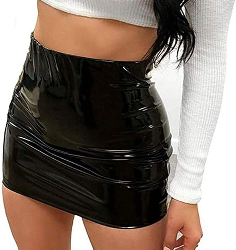 Women Sexy Bright Leather Bodycon Slim Micro Mini Skirt Evening Party Clubwear | Amazon (US)