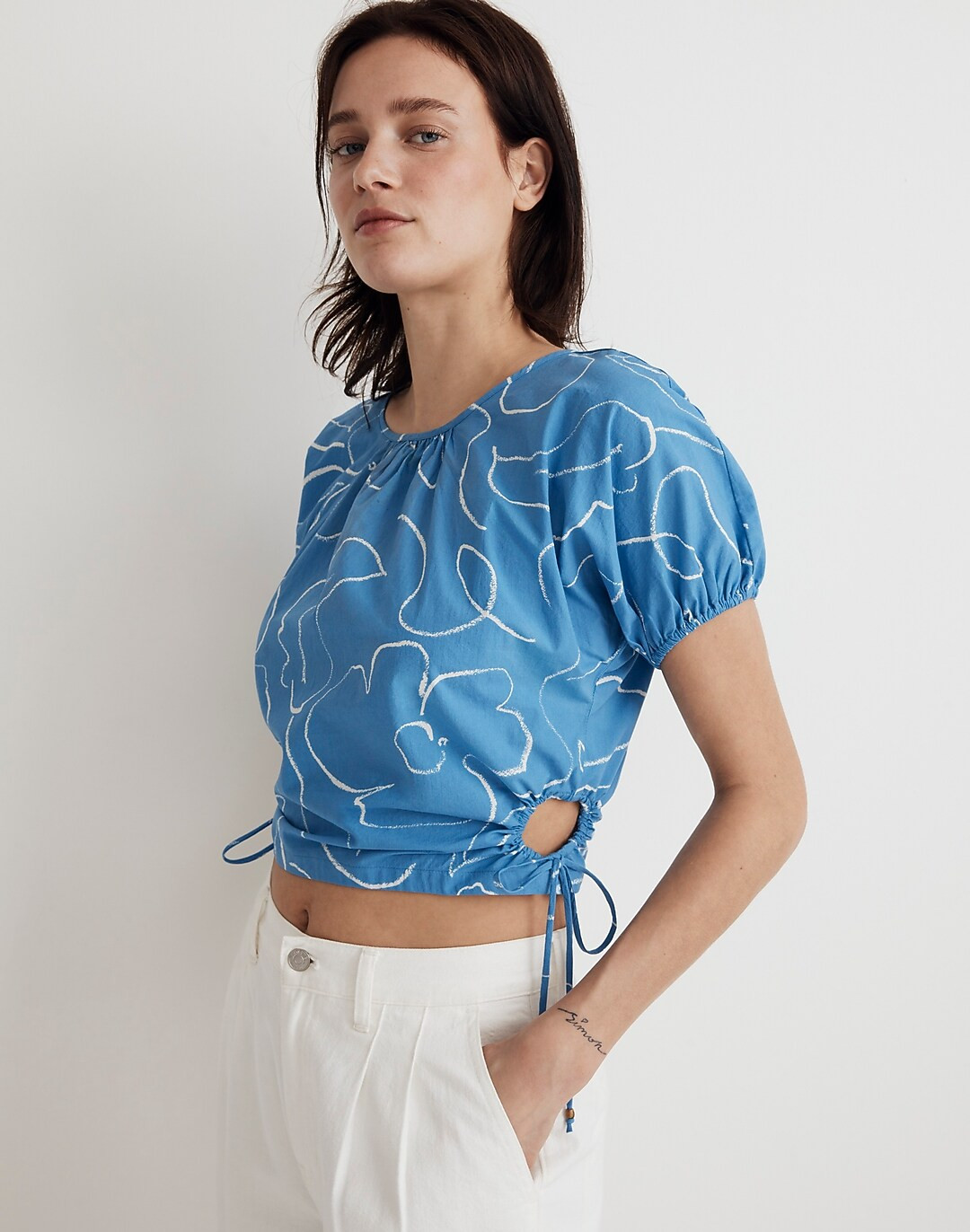 Embroidered Poplin Puff-Sleeve Cutout Crop Top | Madewell