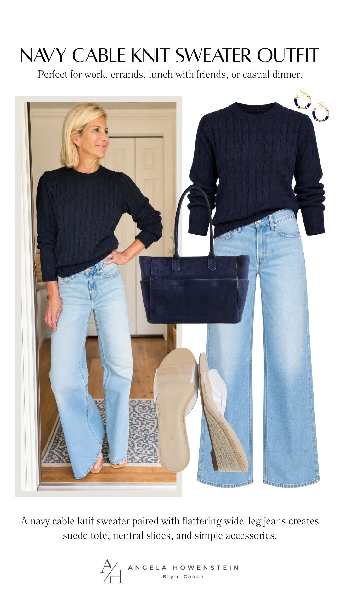A navy cable knit sweater is one of those timeless pieces you’ll wear for years. Paired with flattering wide-leg jeans, a suede tote, and neutral slides, it’s an easy outfit you’ll reach for all season long.

👩‍💻 LTK PRO TIPS
❤️ Heart = Support my posts ;-)
🔖 Save = Get sale & restock alerts for the things you love!
📋 Lists = Keep favorites organized (List ideas: Christmas, Birthdays, and Vacations!)
📲 Share = Send lists and products to a friend (or your daughters like me).
💬 Comment = Ask me anything, and I’ll answer. ;-)

#LTKootd #LTKSeasonal #LTKOver40