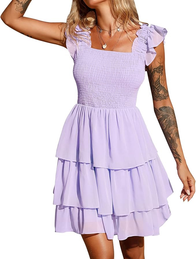 Byinns Womens Square Neck Sleeveless Ruffle Dress High Waist Backless Tiered Smocked Strappy Casu... | Amazon (US)