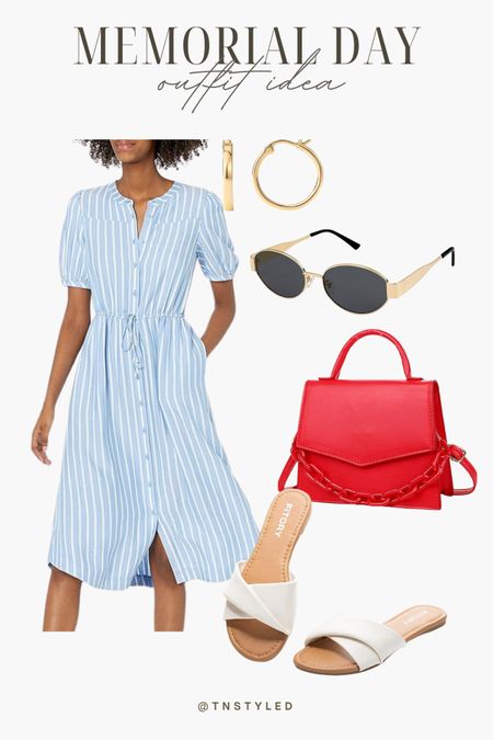 Memorial Day Outfit Idea from @amazon. // small red handbag, crossbody bag, blue white stripe dress, summer flat sandals, oval sunglasses

#LTKstyletip #LTKSeasonal #LTKfindsunder50