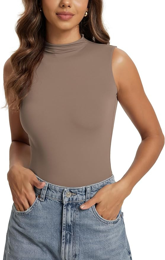 ODODOS Women's Double Layer Mock Neck Sleeveless Tee Ultra-Soft Lightweight Basic T-Shirts Slim F... | Amazon (US)