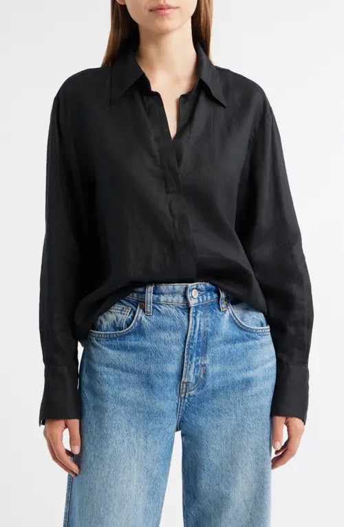 MANGO Oversize Linen Shirt in Black at Nordstrom, Size 6 | Nordstrom