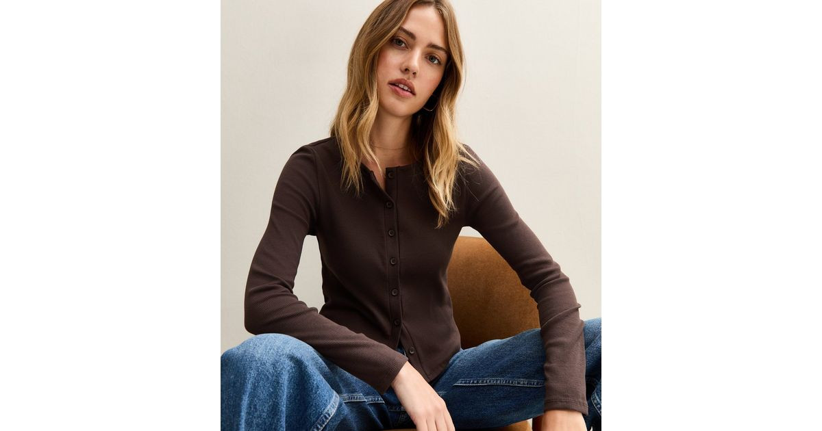 Dark Brown Ribbed Jersey Long Sleeve Cardigan | New Look | New Look (UK)