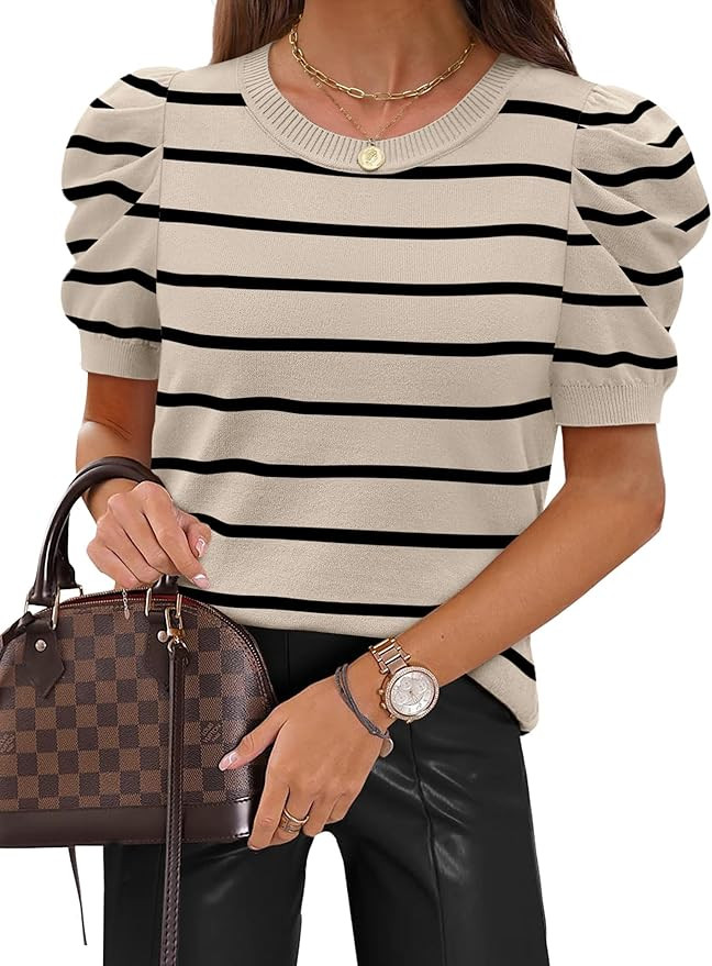 SAMPEEL Short Puff Sleeve Sweaters for Women Knit Tops 2026 Trendy Crewneck Striped T Shirts Casu... | Amazon (US)