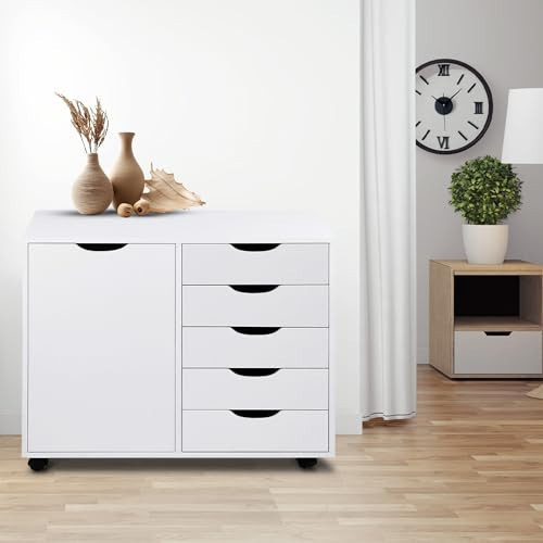 Naomi Home Amy 5 Drawer Chest, Wood Storage Dresser Cabinet with Wheels, Craft Storage Organization, Makeup Drawer Unit for Closet, Bedroom, Office File Cabinet 180 lbs Total Capacity - White | Amazon (US)