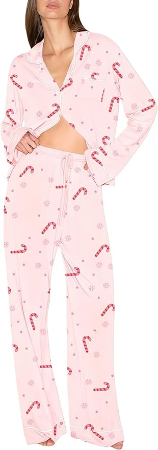 UAURORAO Womens Christmas Pajama Sets Long Sleeve Button Down Shirt Pants Pjs Holiday Pajamas Lou... | Amazon (US)