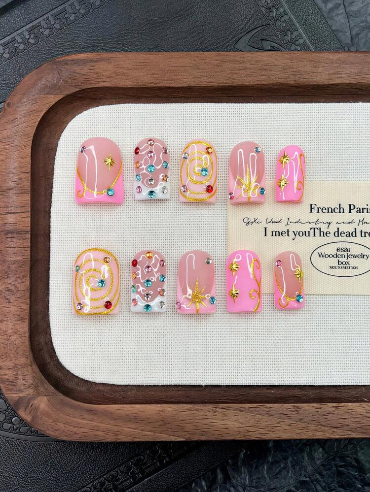 10pcs Y2K Nails Pipe-Shaped Press On Nails Set - Handcrafted, Pink Nails, Yellow Nails, Pink And ... | SHEIN