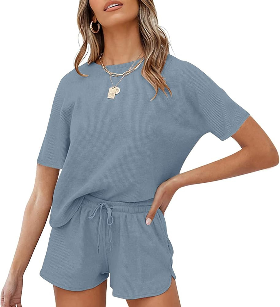 MEROKEETY Women's Short Sleeve Waffle Pajama Sets Lounge Top and Shorts 2 Piece Tracksuit Outfits | Amazon (US)