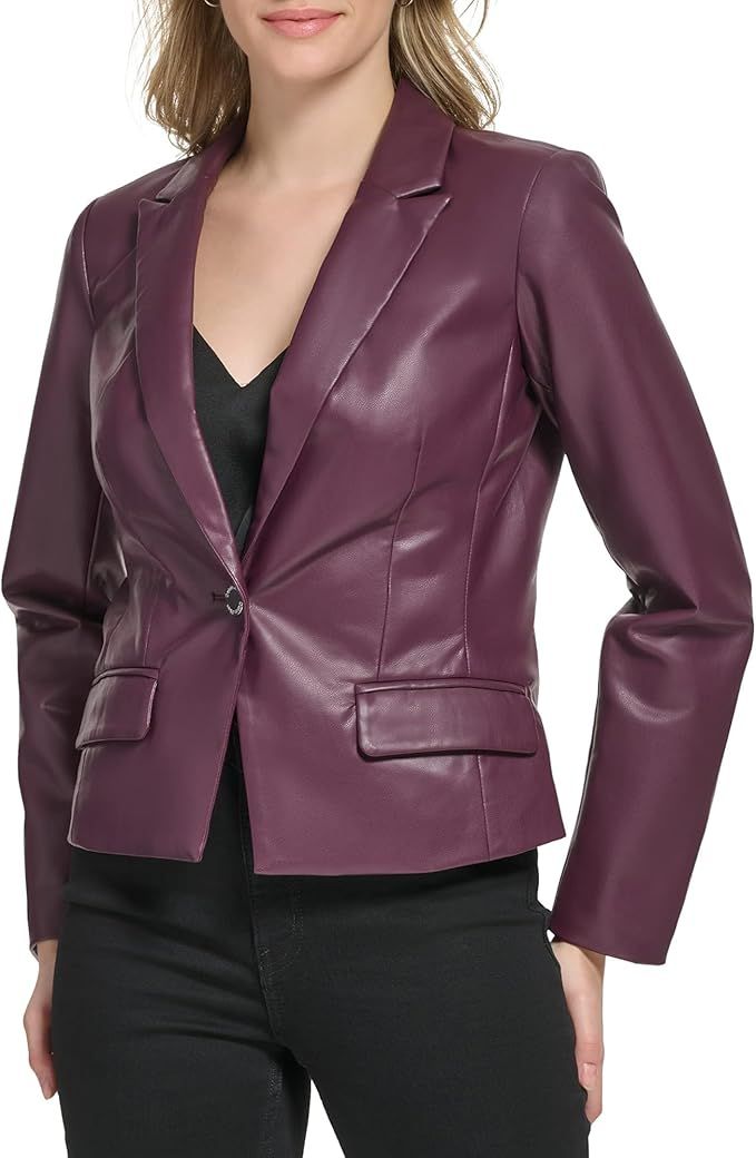 Calvin Klein Women's One Button Faux Leather Edgy Blazer | Amazon (US)