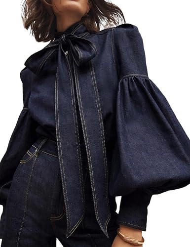 Womens Denim Blouse Pullover Bow Embellished Long Puff Sleeve Jean Buttoned Vintage Shirts Tops Denim Blue S | Amazon (US)