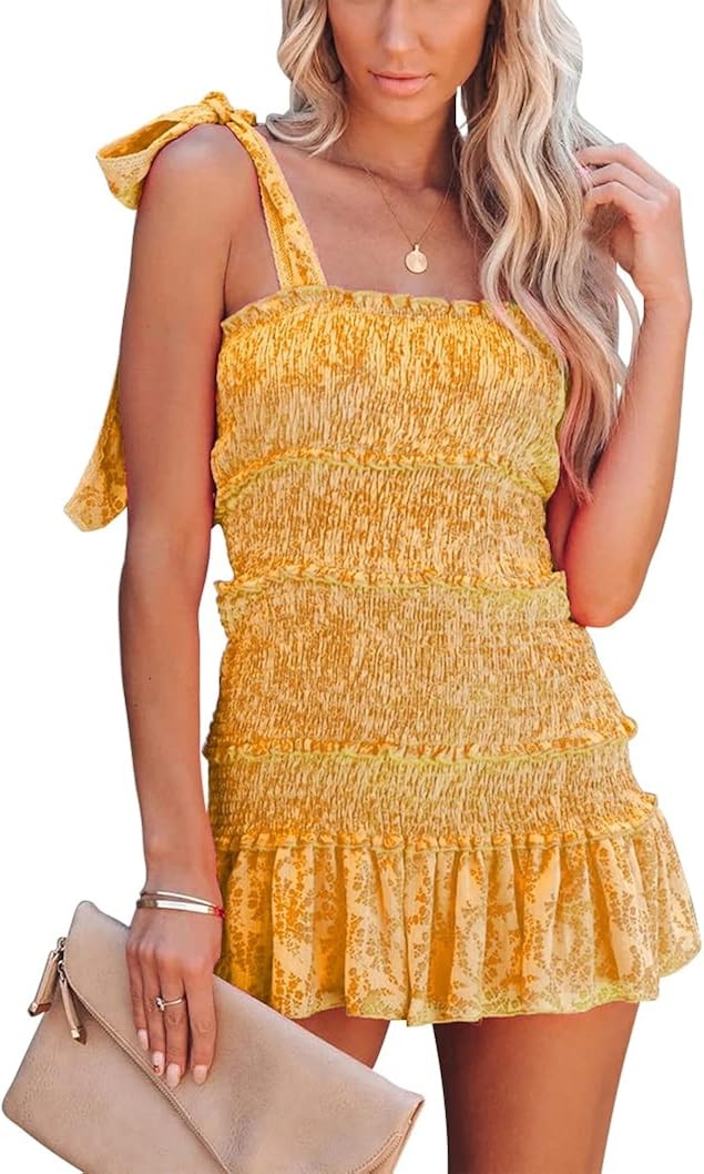 chouyatou Women's Summer Floral Spaghetti Strap Square Neck Ruffle Tie Mini Smocked Dress | Amazon (US)