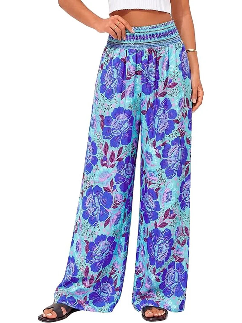 BTFBM Floral Wide Leg Pants Woman Spring Summer Smocked Elastic Waist Long Pant Resort Wear Beach... | Walmart (US)