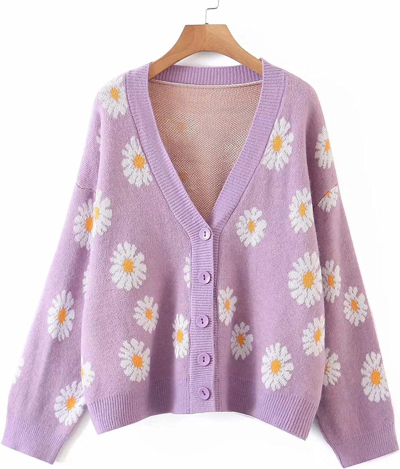 Womens Y2K Flower Pattern Long Sleeve Loose Knitwear Sweater V-Neck Button Down Knitted Cardigan | Amazon (US)