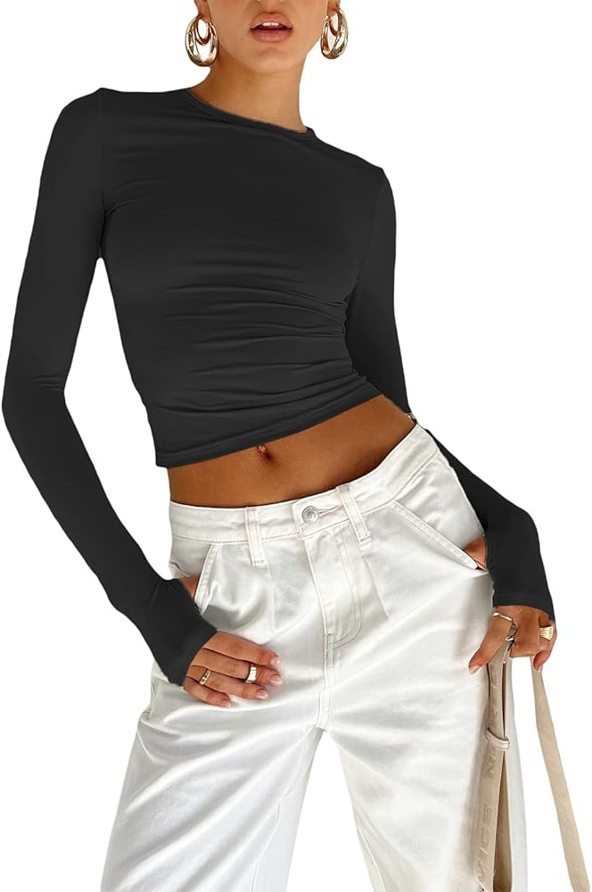 Women Sexy Long Sleeve Shirt Casual Solid Slim Fitted Crop Top Blouse Y2K Pullovers Tee Tops | Amazon (US)