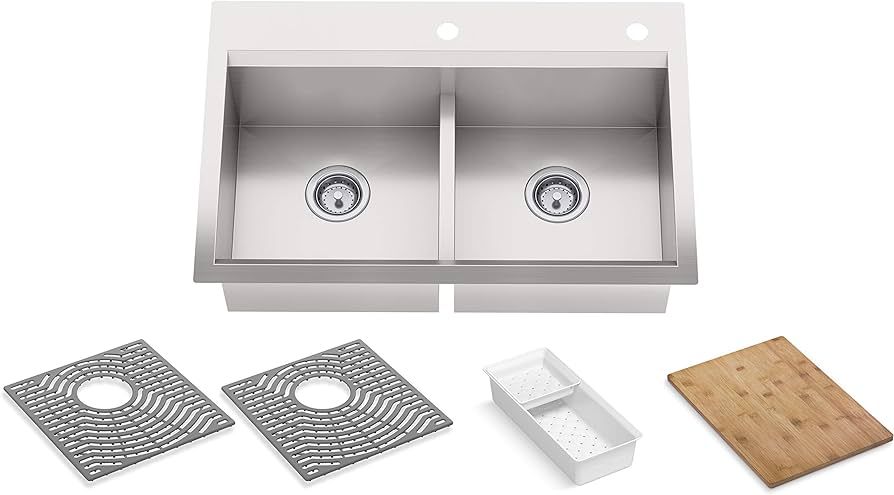KOHLER Task Kitchen Sink, Stainless Steel Dual Mount Double Bowl, 33" Workstation Sink, 2 hole fa... | Amazon (US)