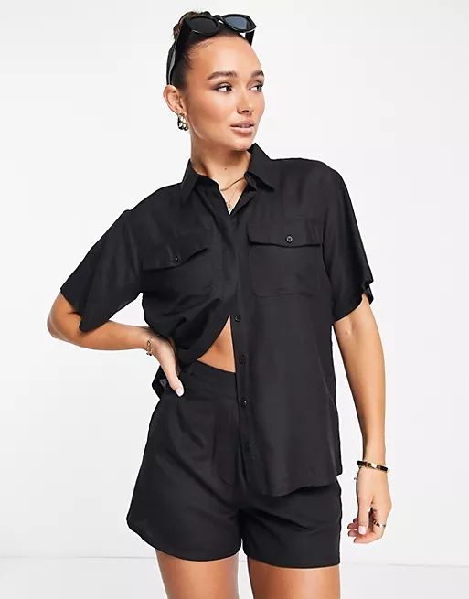 Extro & Vert linen style shirt and shorts set in black | ASOS (Global)