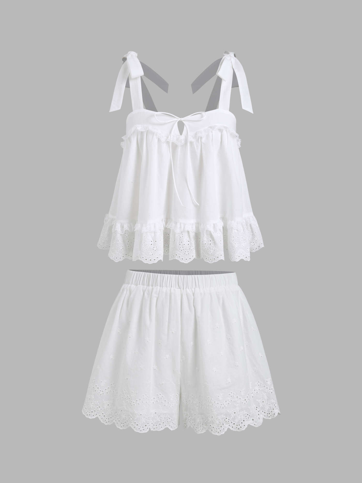 Cotton Broderie Anglaise Lace Trim Bowknot Top & Mid Rise Elastic Waist Shorts Set | Cider
