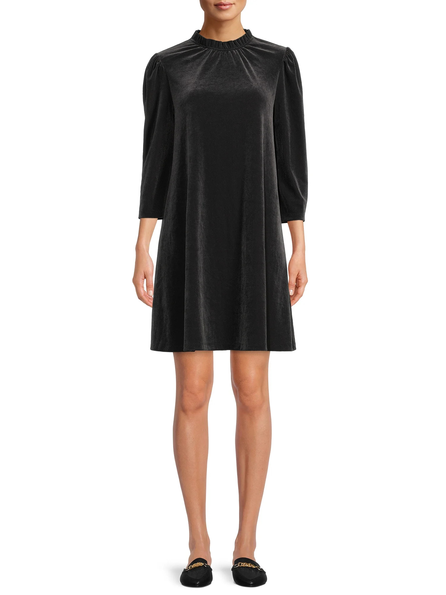 Time and Tru Women’s Velvet Dress with 3/4-Length Sleeve - Walmart.com | Walmart (US)