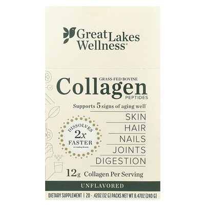 Great Lakes Wellness, Grass-Fed Bovine Collagen Peptides, Unflavored, 20 Packs, 0.42 oz (12 g) Each | iHerb