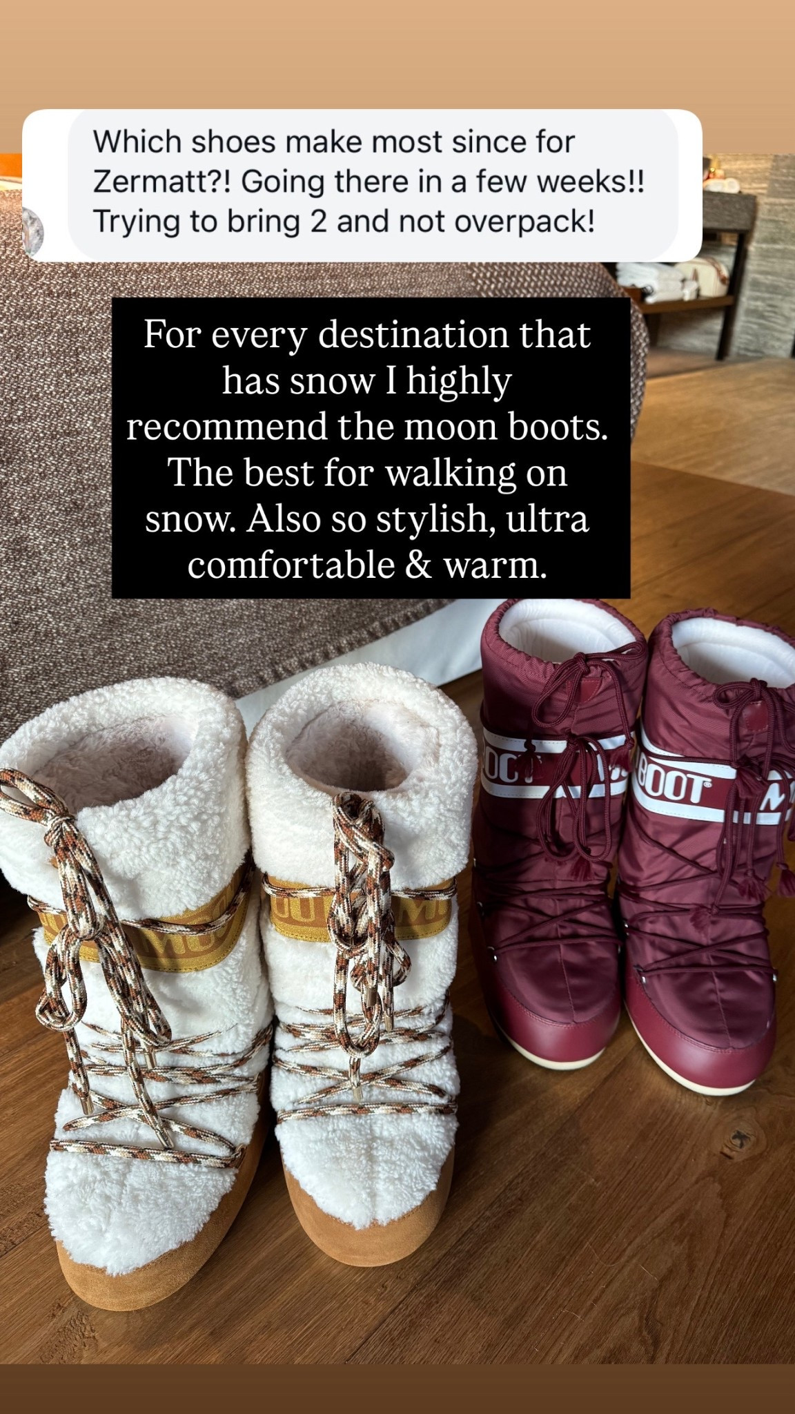 Highly recommend the moon boots for destinations where you have snow 
Ultra comfortable, warm and so stylish 
The best shoes to walk on snow .


#LTKTravel #LTKHoliday #LTKGiftGuide