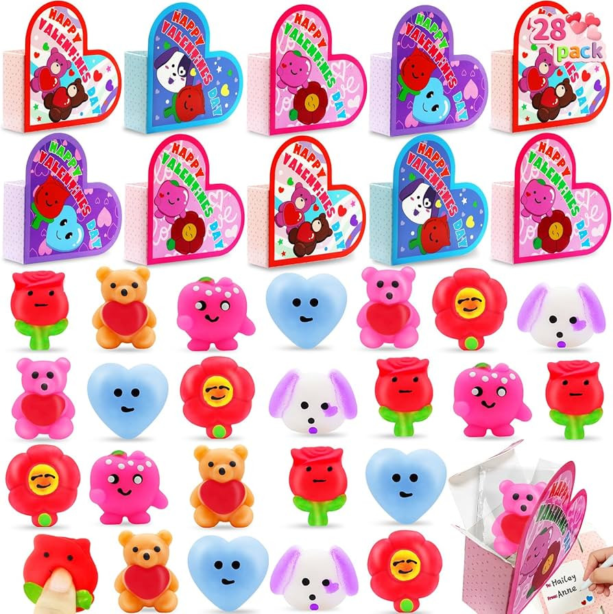 AMENON 28 Pack Valentines Mochi Squishy Toys with Unique Gift Boxes Greeting Cards, Valentines Gi... | Amazon (US)